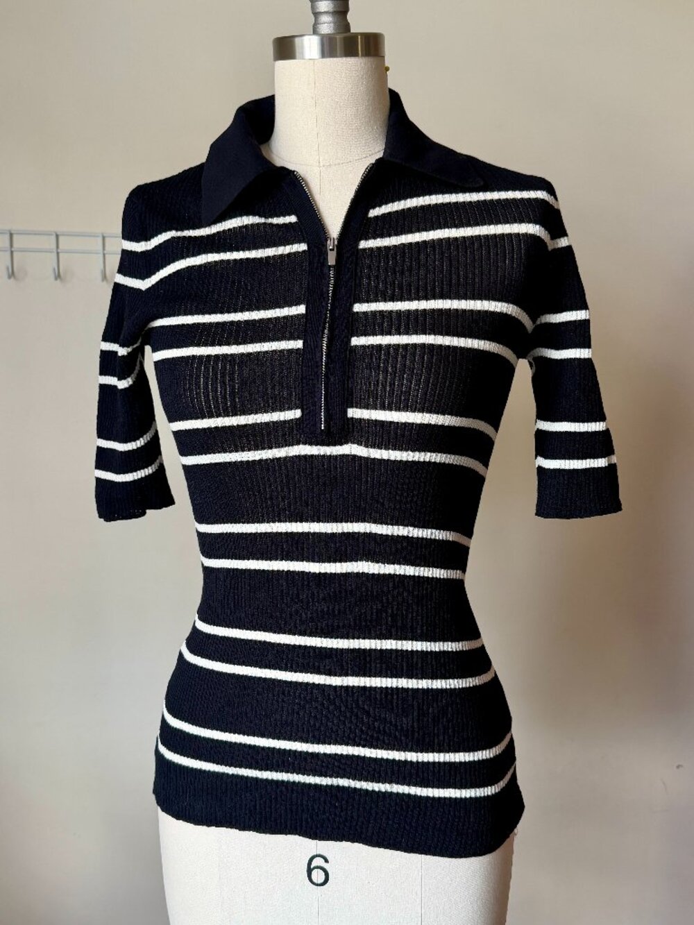 ALC Striped Knit Top | Navy White Zip Collar Sweater | Semi Sheer Cotton Nylon S